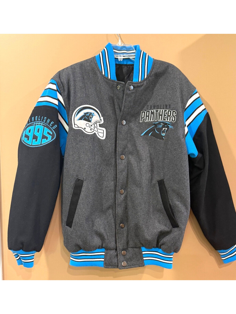 Carolina Panthers Reversible Varsity Jacket 2 Sided Embroidered Wool Puffer M